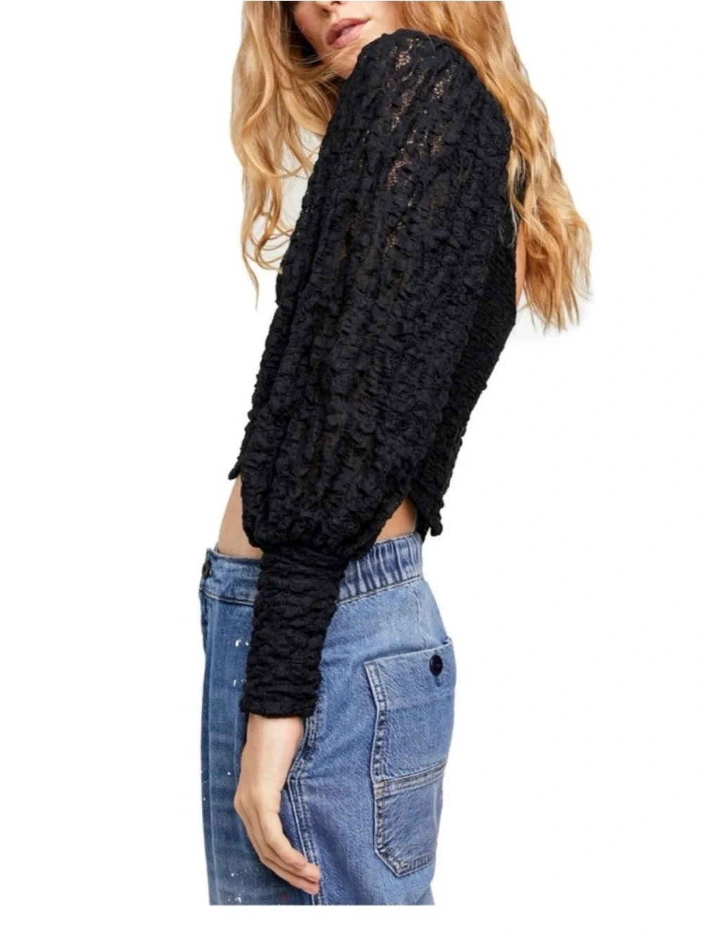 FREE PEOPLE Tea Time Lace Puff Sleeve Blouse Black Size Medium